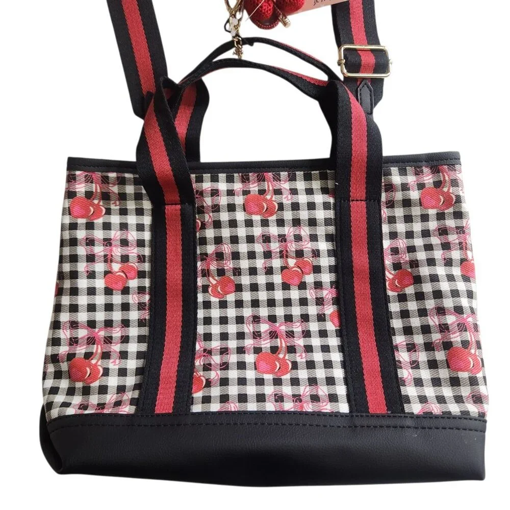Betsey Johnson Cherry Gingham Tote Bag Black Red w/ Crossbody Strap NWT